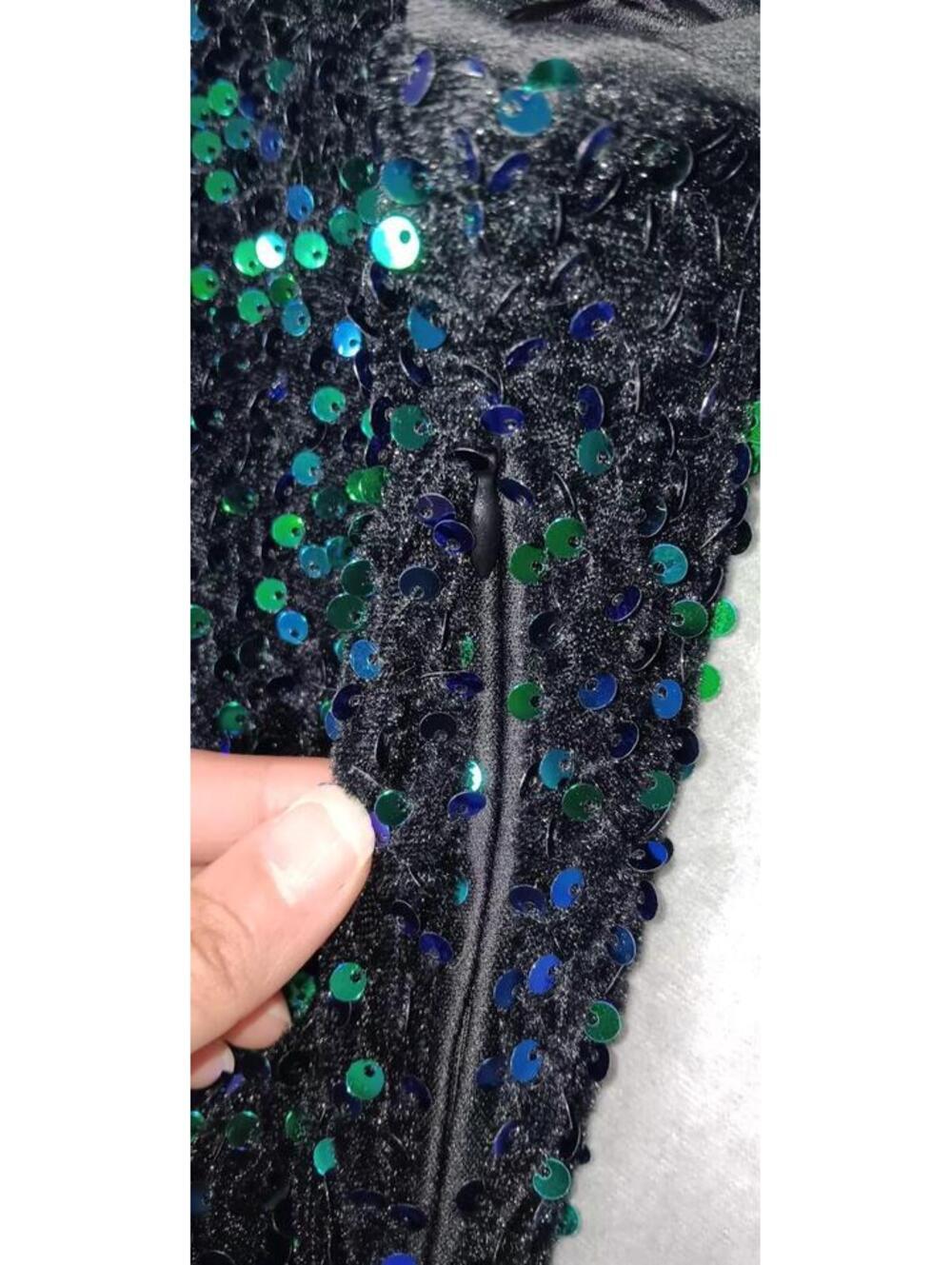 Sequin One Sleeve Fitted Dress Womens Size Large Green Blue Long Sleeve Cocktail - Picture 7 of 11